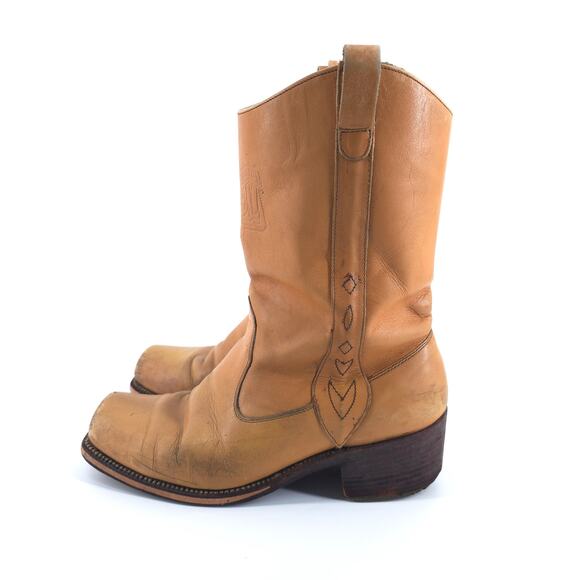 Vintage Johnny Ringo Cowboy Boots Men 8D Square Toe Tan Bull Hide Western Rodeo - Picture 5 of 14